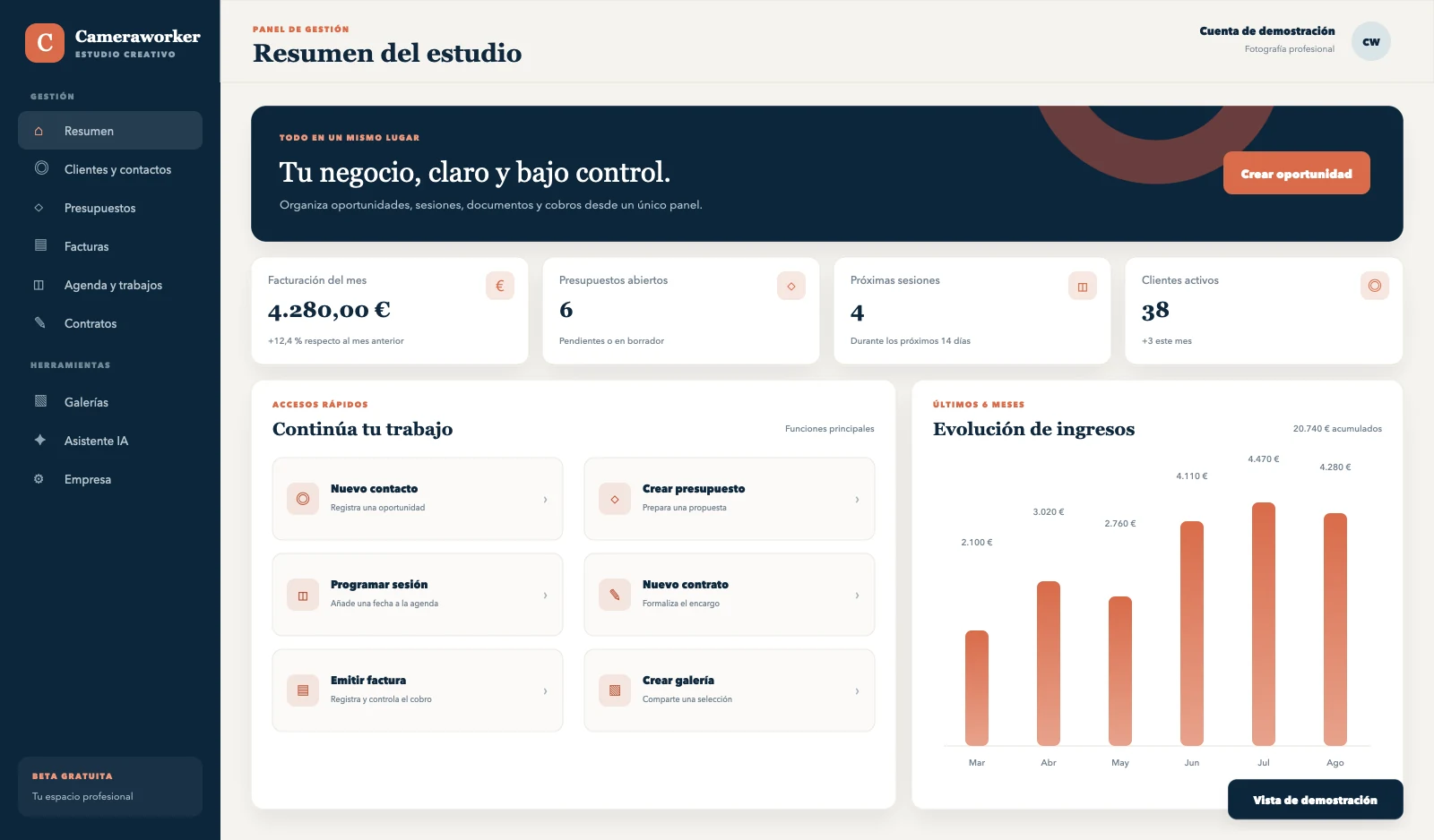 Dashboard de Cameraworker con accesos a presupuestos, facturas, clientes, agenda y contratos